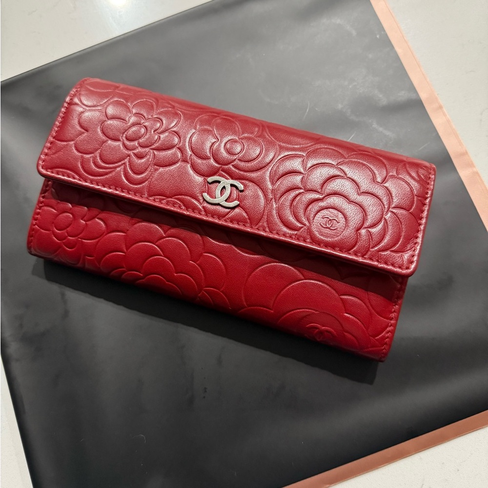 Chanel Red Embossed Leather Wallet CAMILLIA